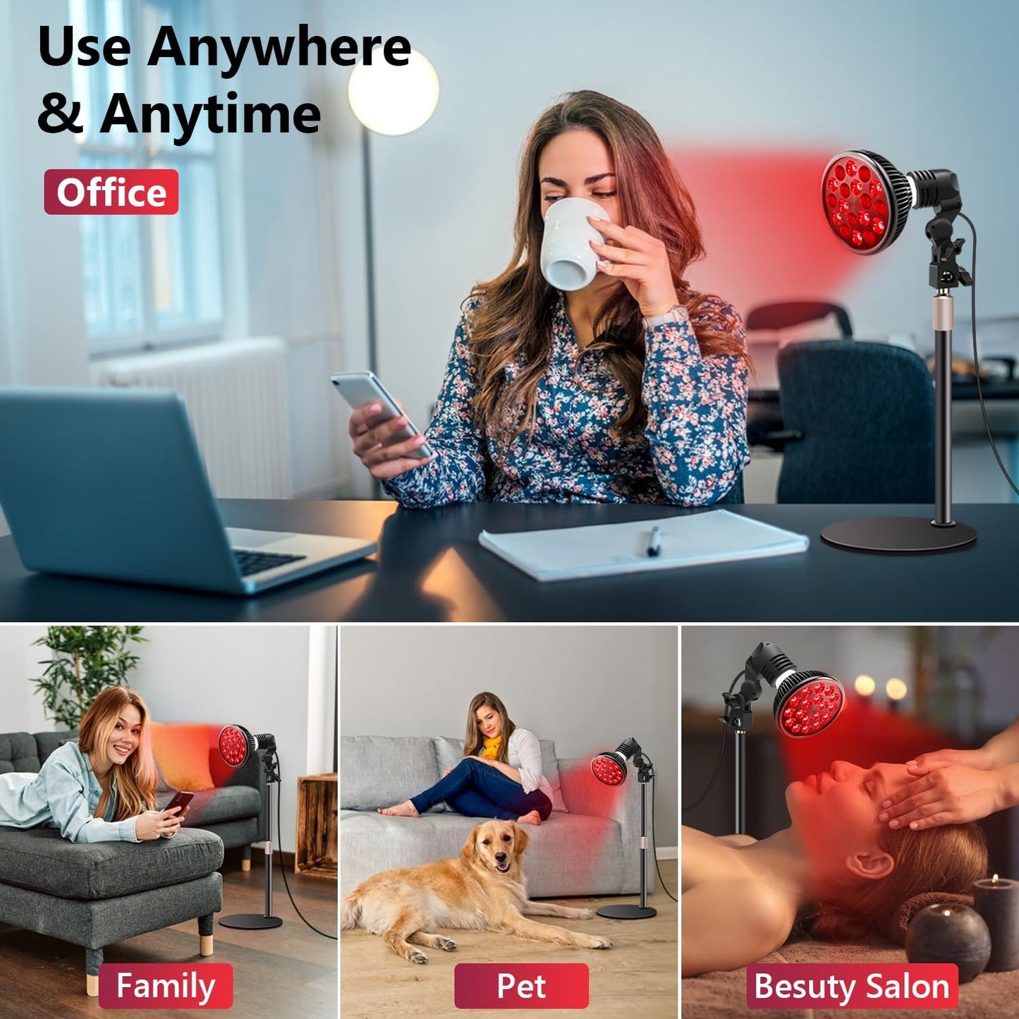 Red Light Therapy Lamp - LED Face & Body Treatment, Adjustable Stand 10-16.5In, 18 Leds 660Nm & 850Nm Combo