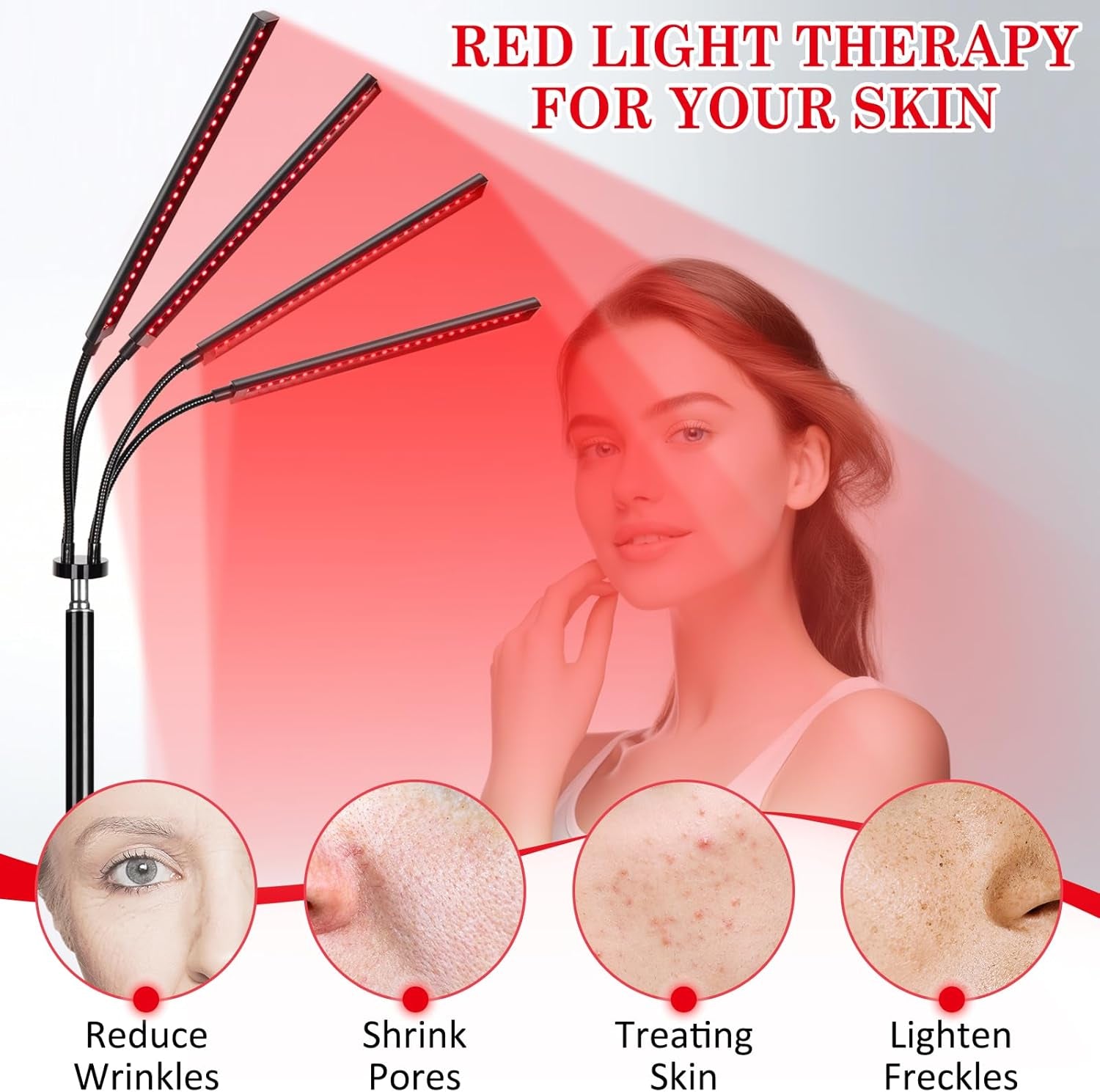 Red Light Therapy with 4 Heads, 3-In-1 Chip Infrared Light Therapy Device, Adjustable Stand, 660Nm Red Light and 850Nm near Infrared Light for Face, Body, Pain,Skin, Home Use