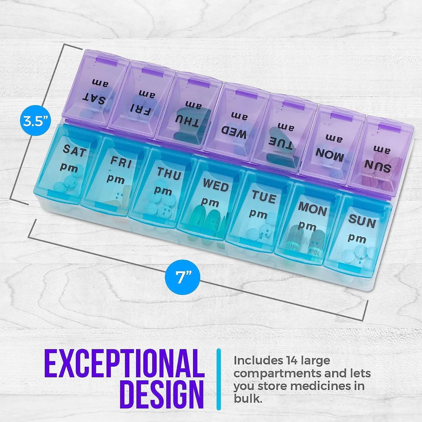 Weekly Pill Organizer, Twice-A-Day, 1 Pill Organizer, Plastic - Multicolor