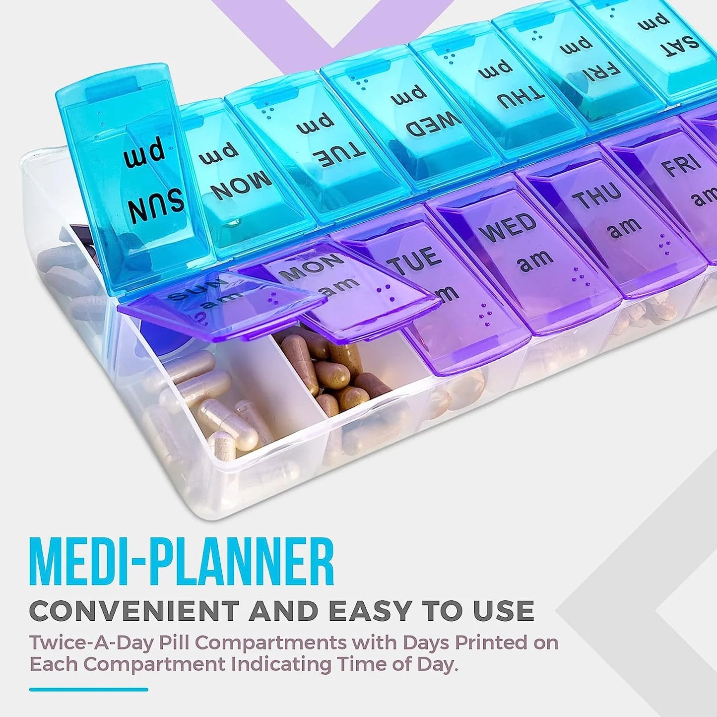 Weekly Pill Organizer, Twice-A-Day, 1 Pill Organizer, Plastic - Multicolor