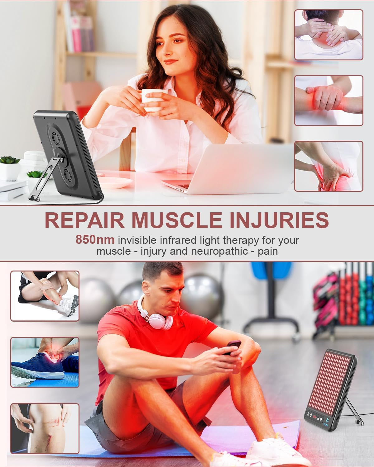 Red Light Therapy Face & Body Panel, 225 Dual Chip LED, 660Nm Red & 850Nm near Infrared Light, Portable with Stand & Timer