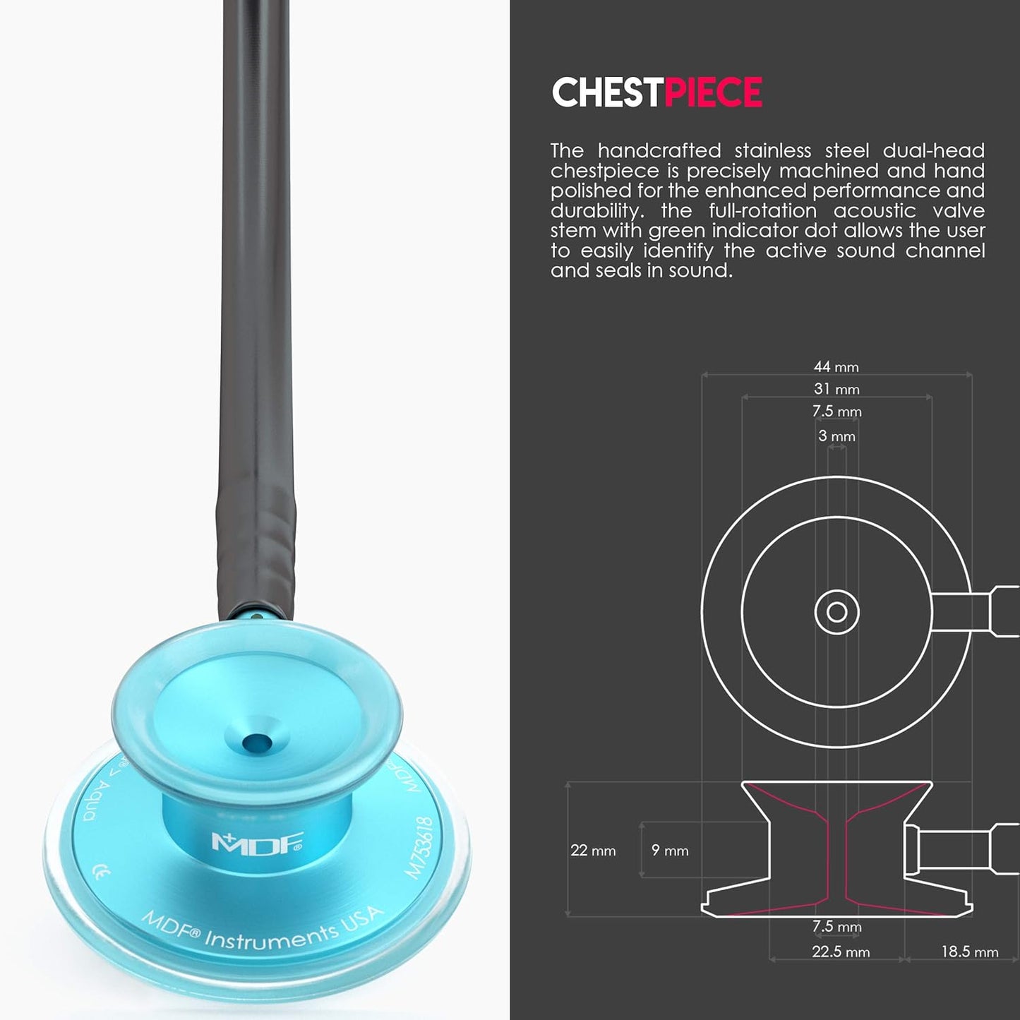 , Acoustica Lightweight Stethoscope for Doctors, Nurses, Students, Home Health Use, Adult, Dual Head, Black Tube, Aqua Chestpiece-Headset, MDF747XPAQ11