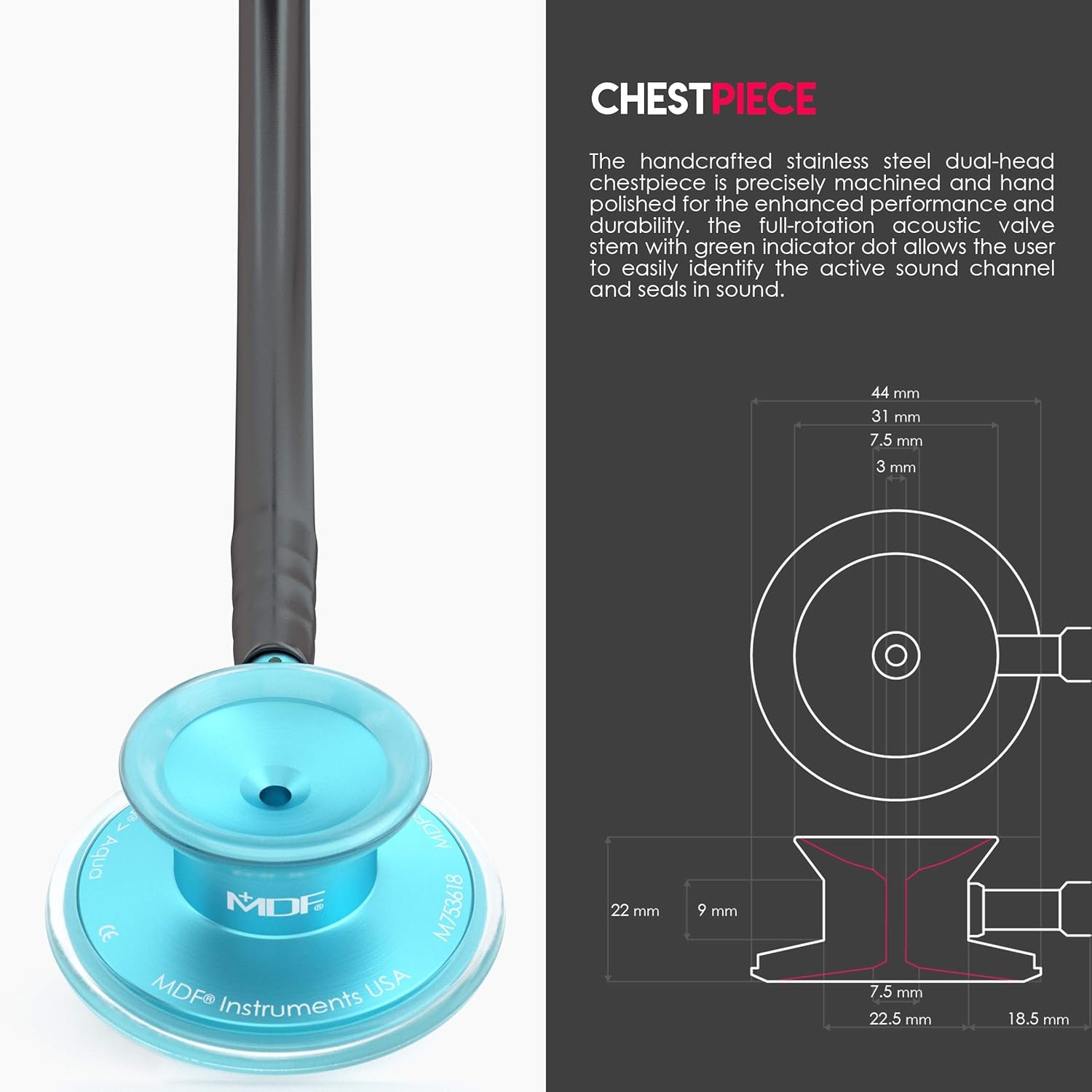 , Acoustica Lightweight Stethoscope for Doctors, Nurses, Students, Home Health Use, Adult, Dual Head, Black Tube, Aqua Chestpiece-Headset, MDF747XPAQ11