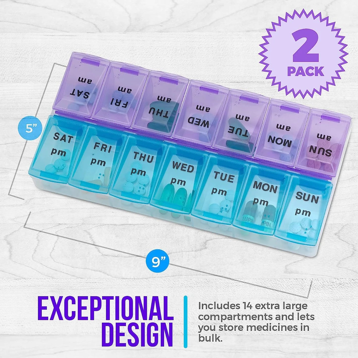 Weekly Pill Organizer, Twice-A-Day, 2 Pill Organizer Extra Large - Blue