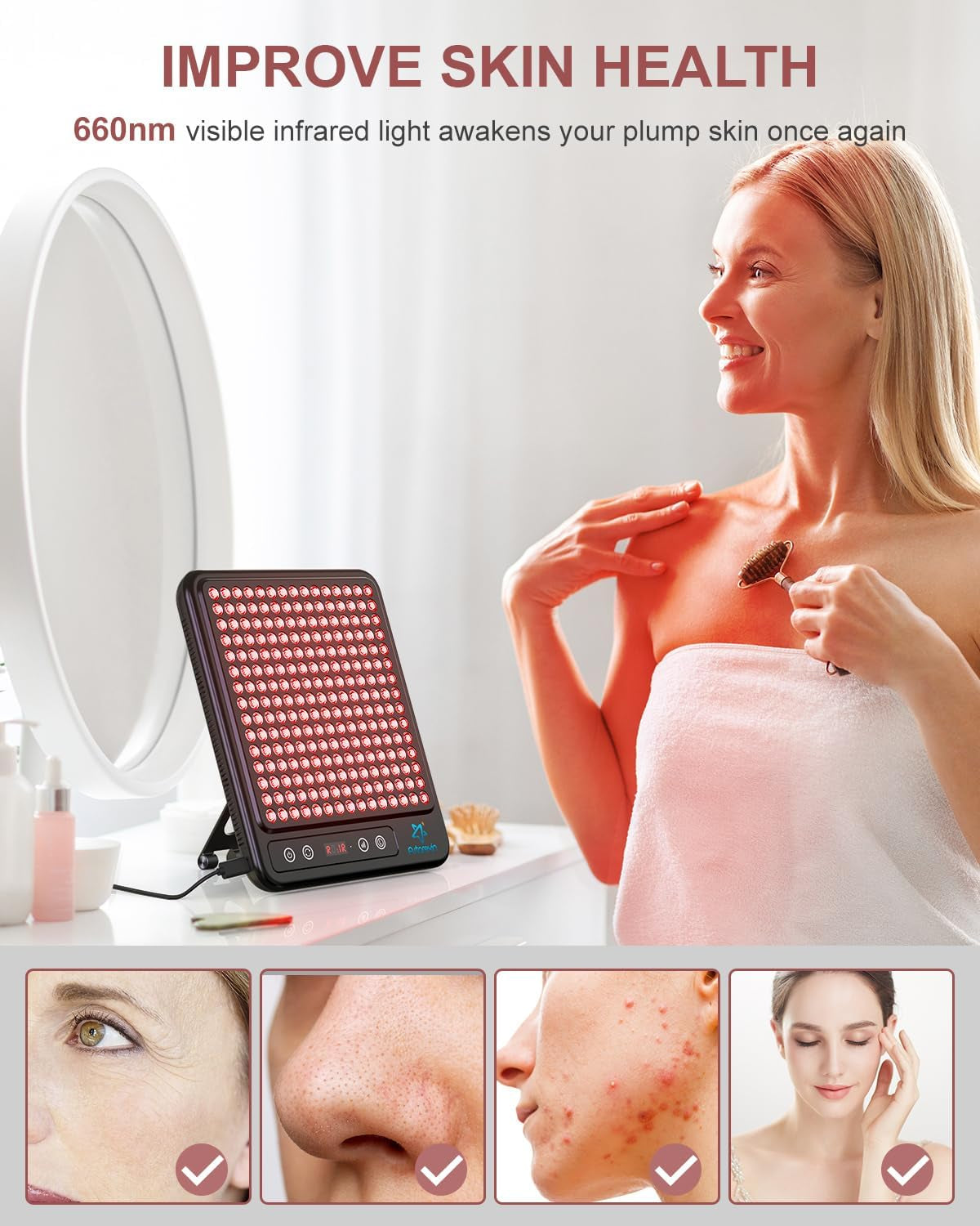 Red Light Therapy Face & Body Panel, 225 Dual Chip LED, 660Nm Red & 850Nm near Infrared Light, Portable with Stand & Timer