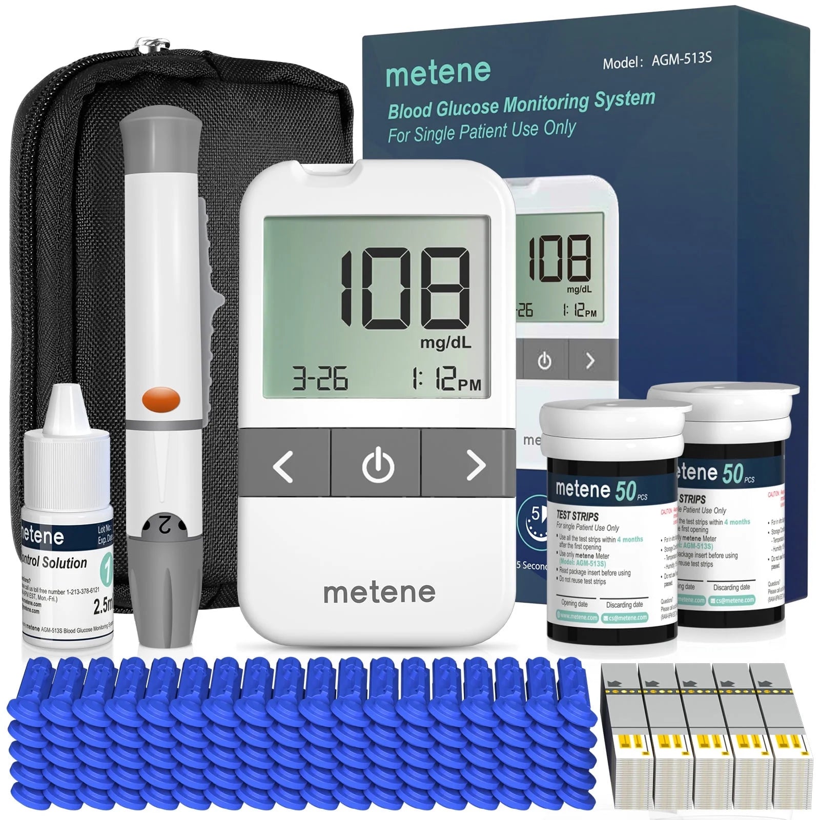 AGM-513S Blood Glucose Monitor Kit, 100 Glucometer Strips, 100 Lancets