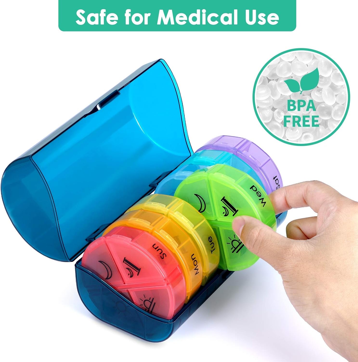 Super Large Weekly Pill Organizer 4 Times a Day, Pill Box with Outer Case, Pill Case for Travel,Weekly Pill Dispenser and Reminder(Emerald Green)