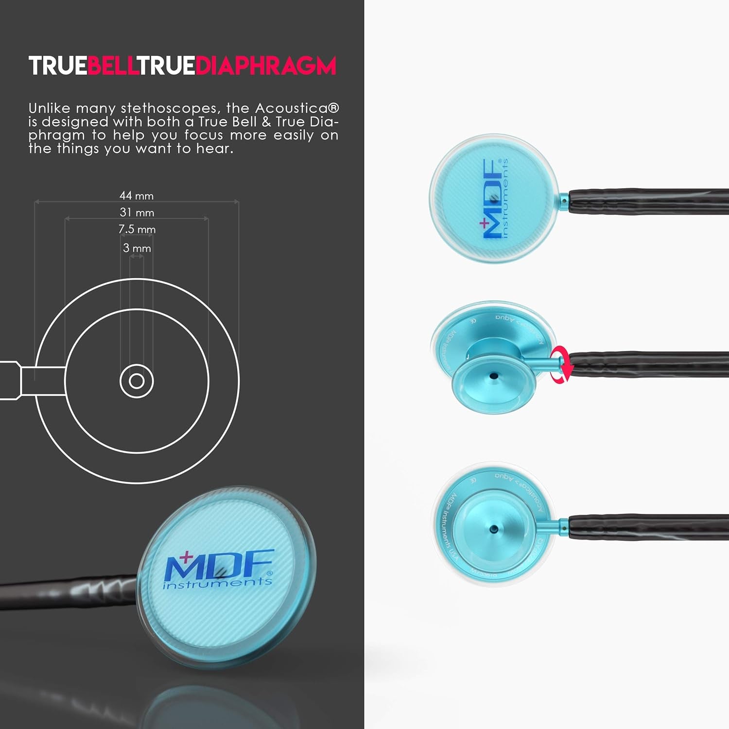 , Acoustica Lightweight Stethoscope for Doctors, Nurses, Students, Home Health Use, Adult, Dual Head, Black Tube, Aqua Chestpiece-Headset, MDF747XPAQ11