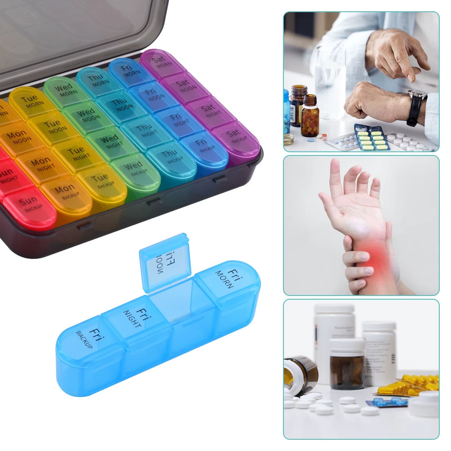 Weekly Pill Box Organizer 4 Times a Day 7 Day Pill Boxes 28 Grids Organizer Case Medicine Travel Portable Pill Cases Sorter