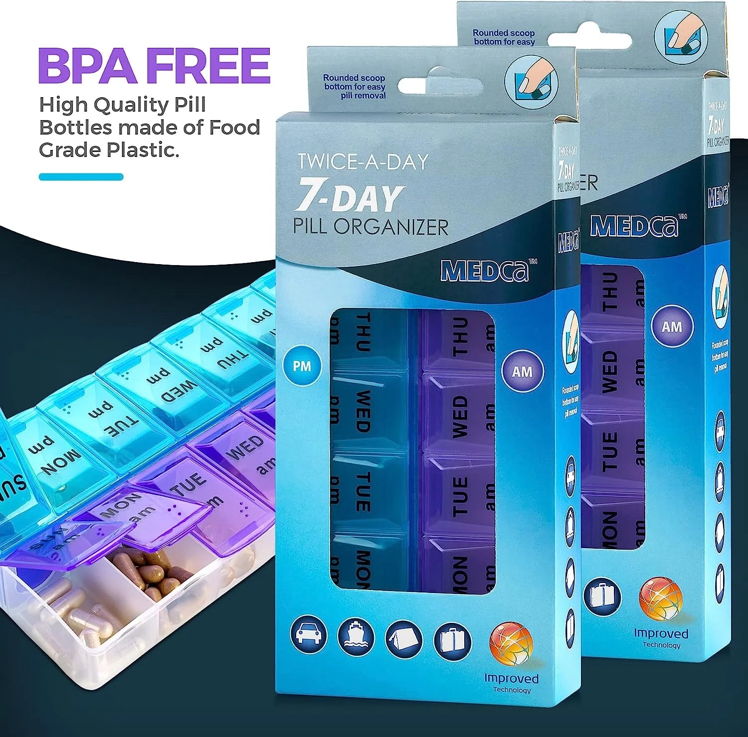 Weekly Pill Organizer, Twice-A-Day, 2 Pill Organizer Extra Large - Blue