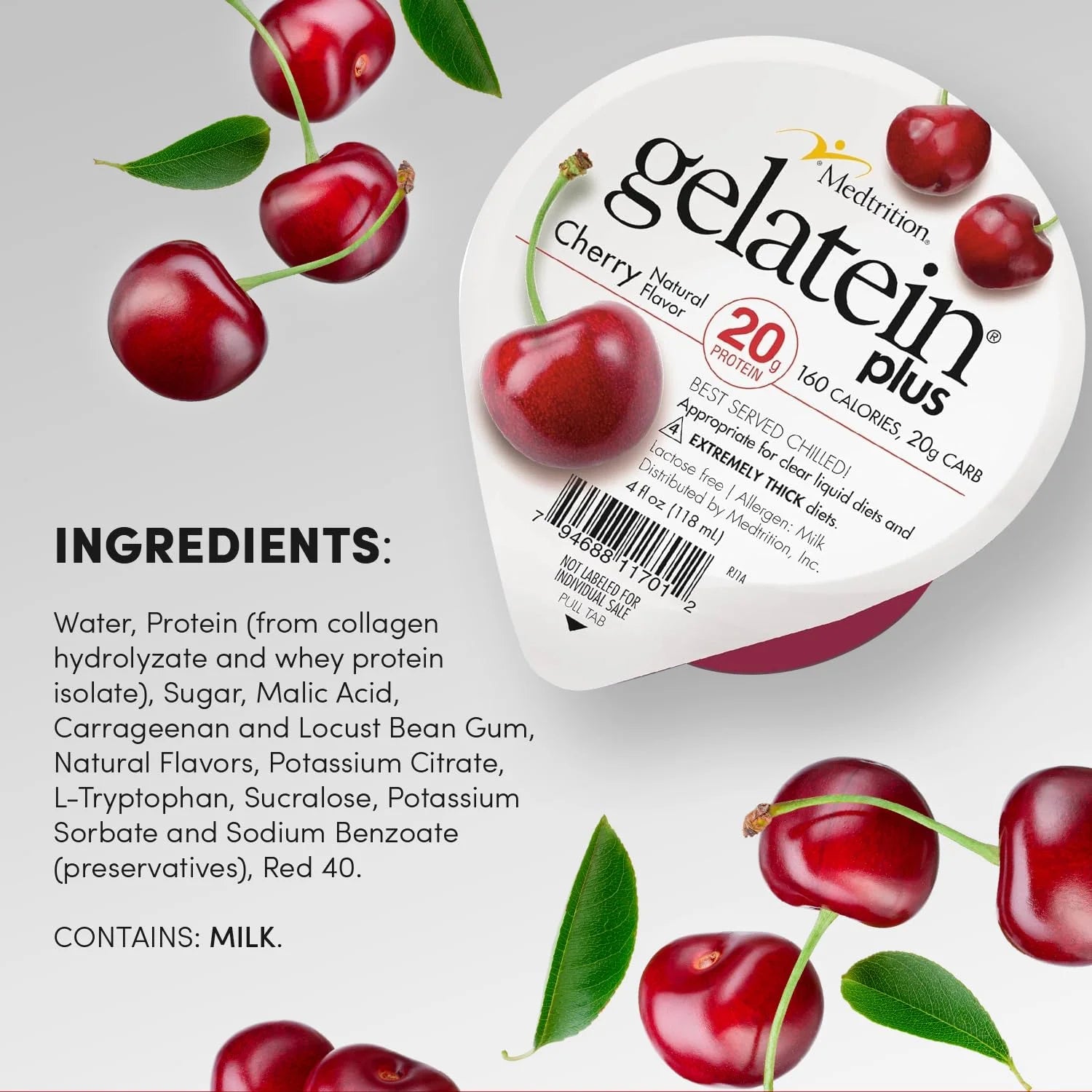 Gelatein plus Cherry: 20 Grams of Protein. Ideal for Clear Liquid Diets, Swallowing Difficulties, Dialysis and Oncology. Great Pre or Post-Workout Snack. (12 Pack)