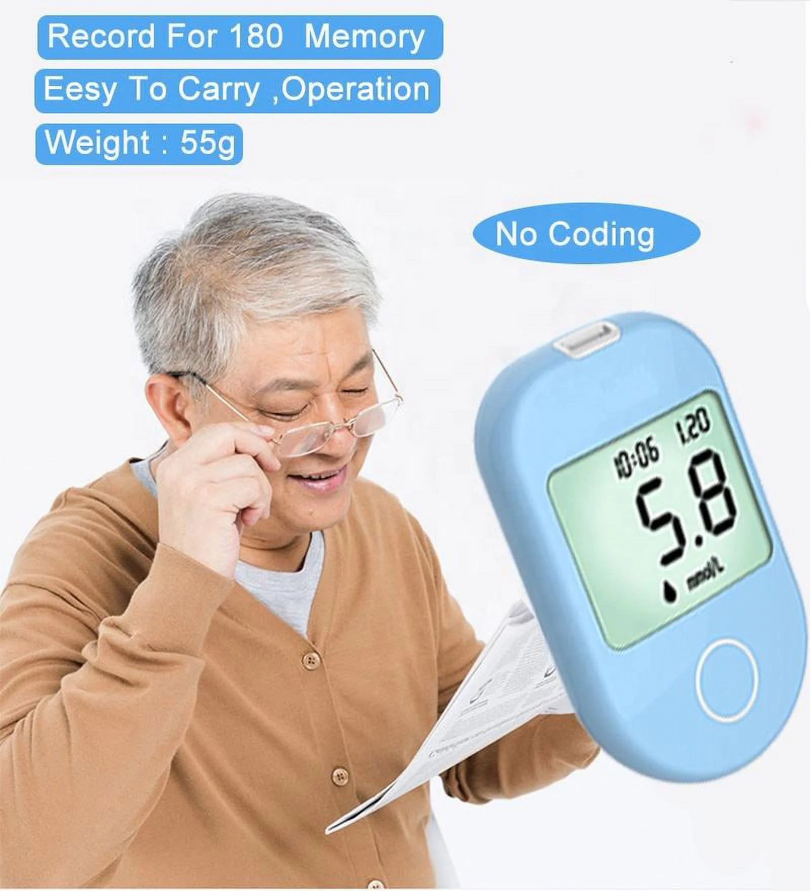 Blood Glucose Monitoring Kit, 50 Glucometer Strip, 50 Lancets, Diabetes Blood Sugar Test Kit, No Coding