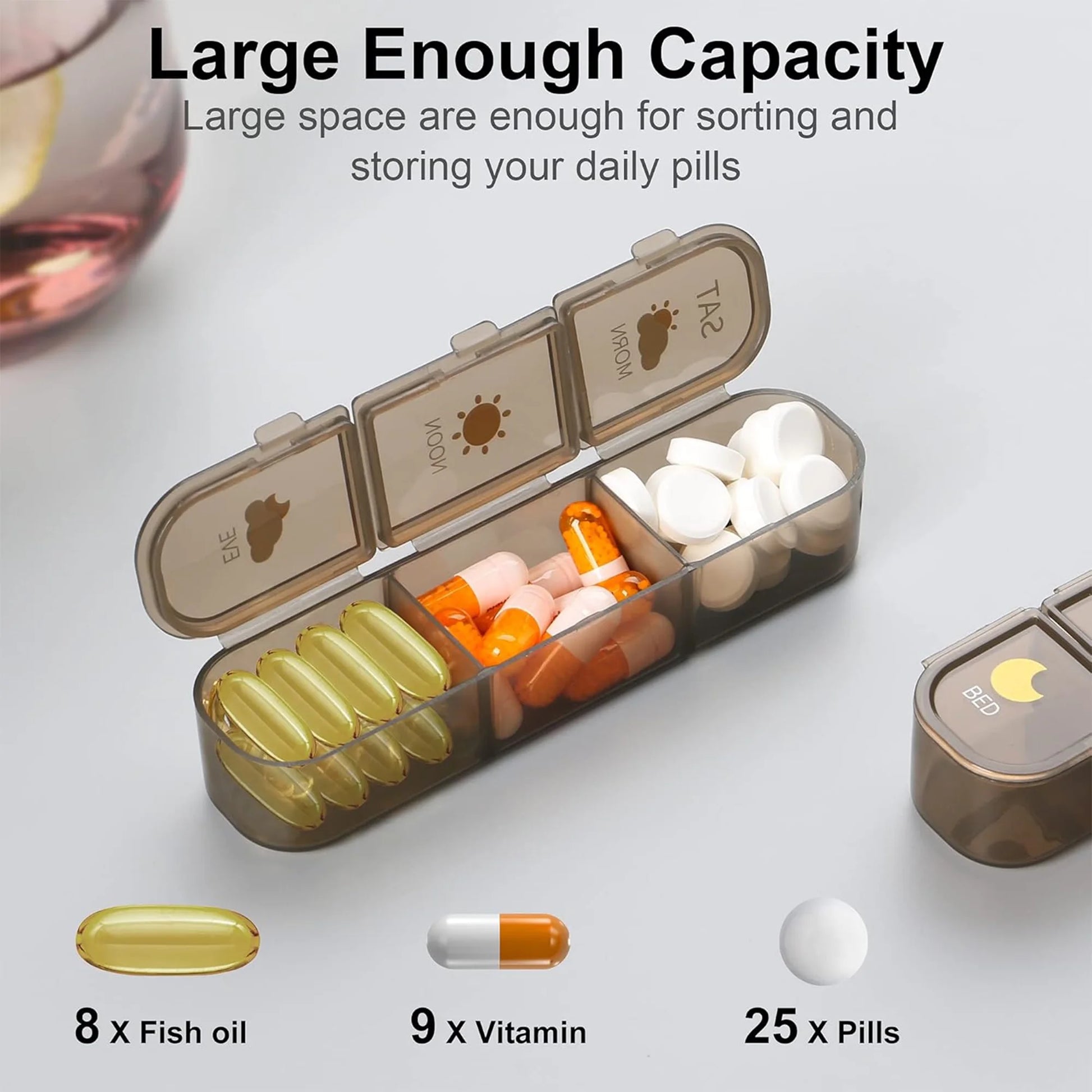 7 Day Pill Organizer AM PM 3 Times a Day, Large Capacity Weekly Pill Box