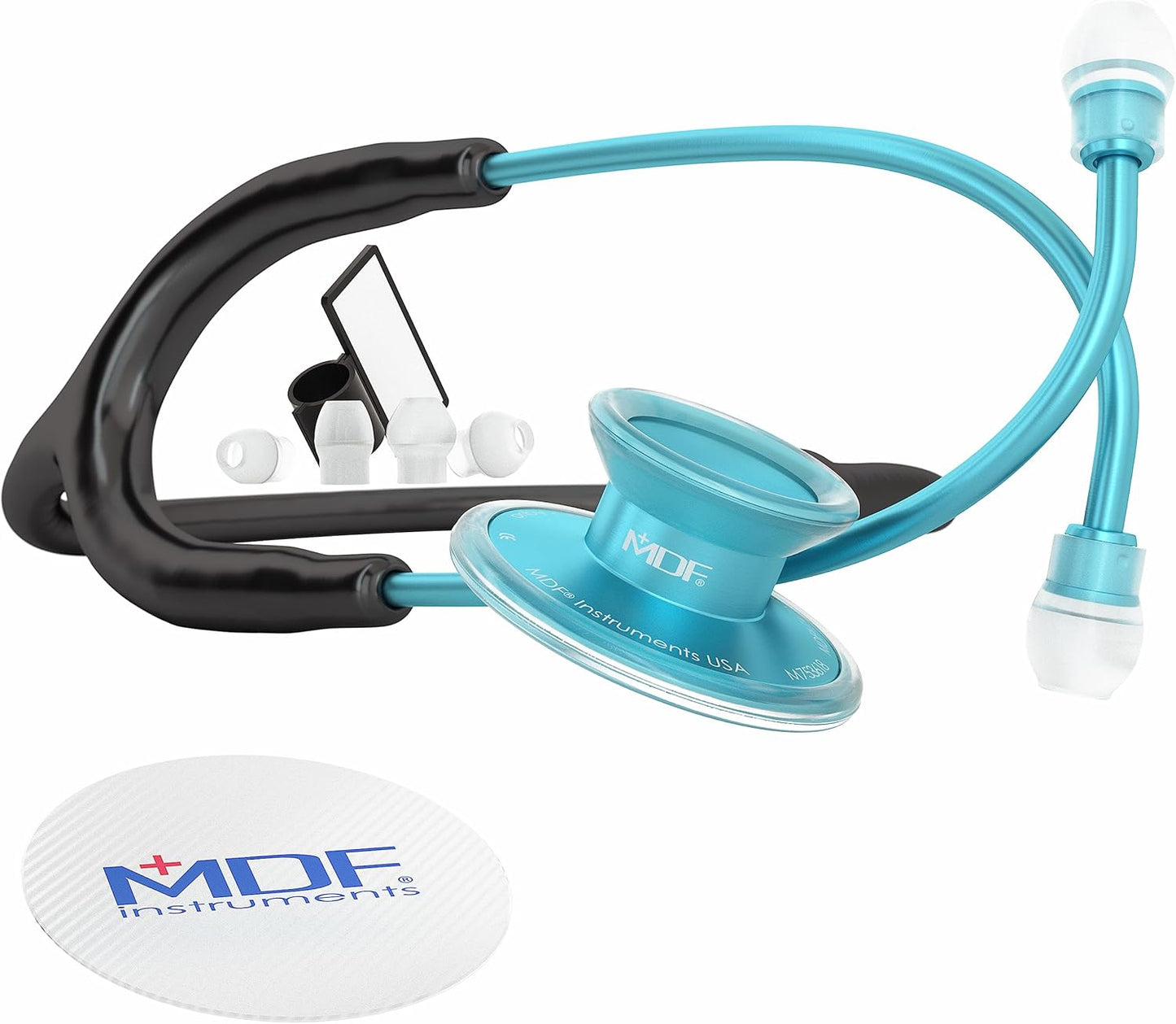 , Acoustica Lightweight Stethoscope for Doctors, Nurses, Students, Home Health Use, Adult, Dual Head, Black Tube, Aqua Chestpiece-Headset, MDF747XPAQ11