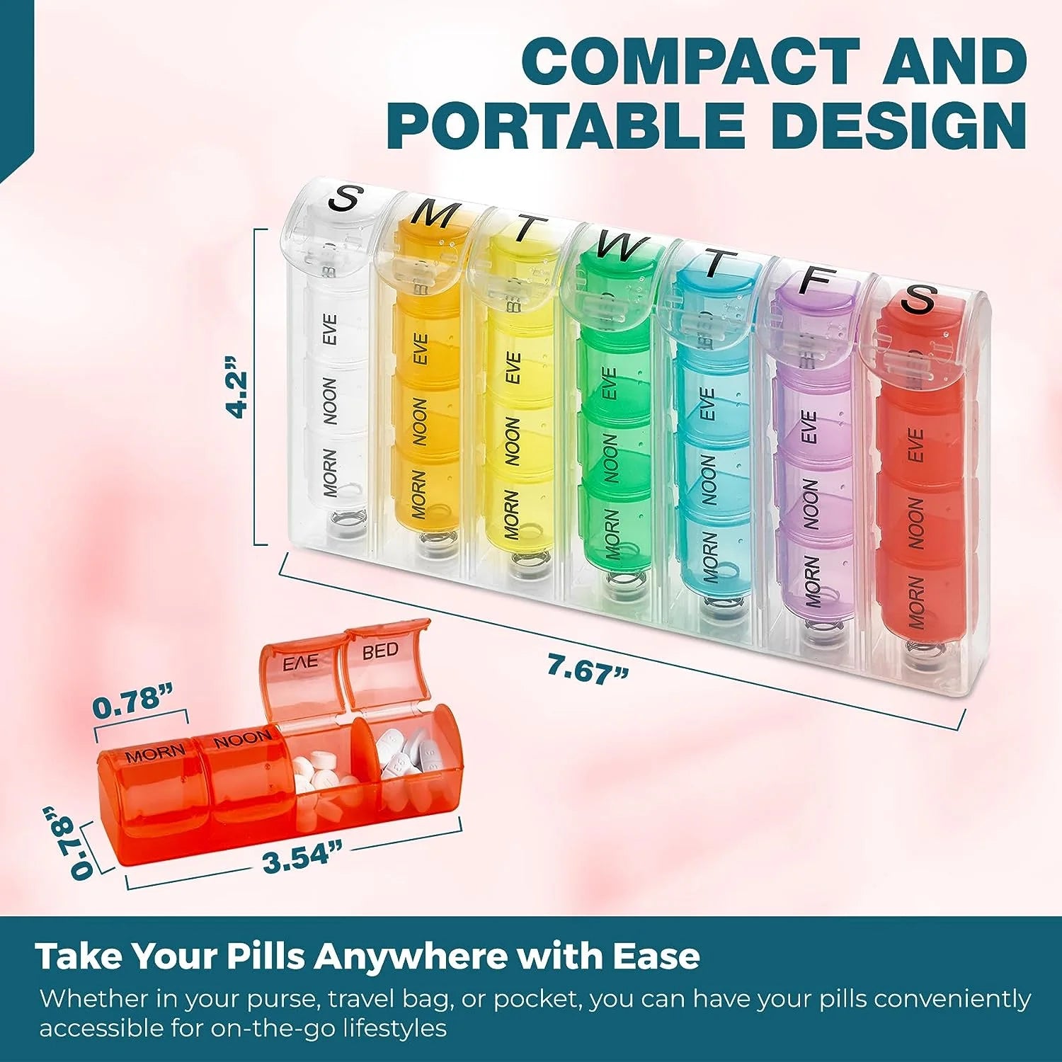 Pop-Up Weekly Pill Organizer Single Box 4 Daily Compartments