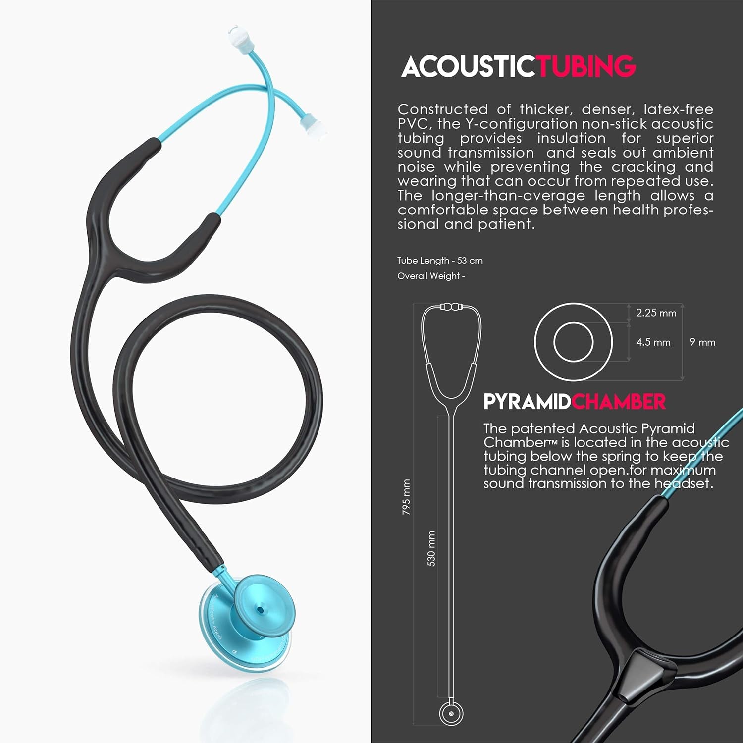 , Acoustica Lightweight Stethoscope for Doctors, Nurses, Students, Home Health Use, Adult, Dual Head, Black Tube, Aqua Chestpiece-Headset, MDF747XPAQ11