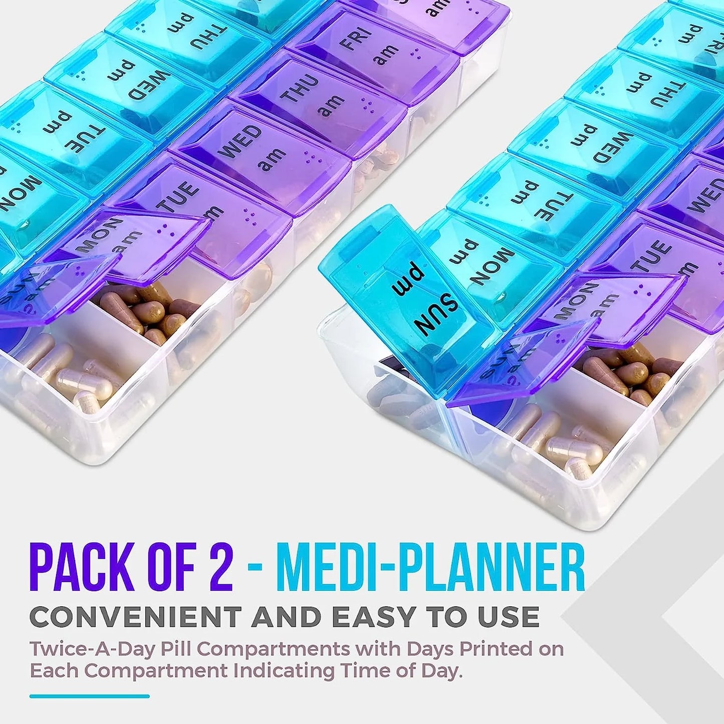 Weekly Pill Organizer, Twice-A-Day, 2 Pill Organizer Extra Large - Blue