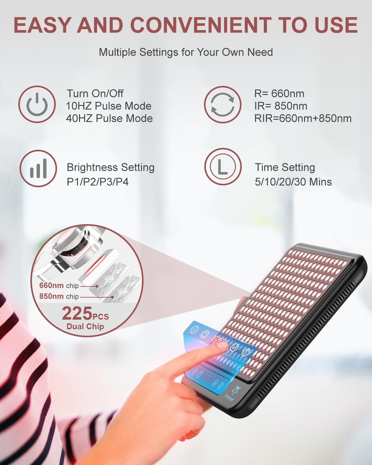 Red Light Therapy Face & Body Panel, 225 Dual Chip LED, 660Nm Red & 850Nm near Infrared Light, Portable with Stand & Timer