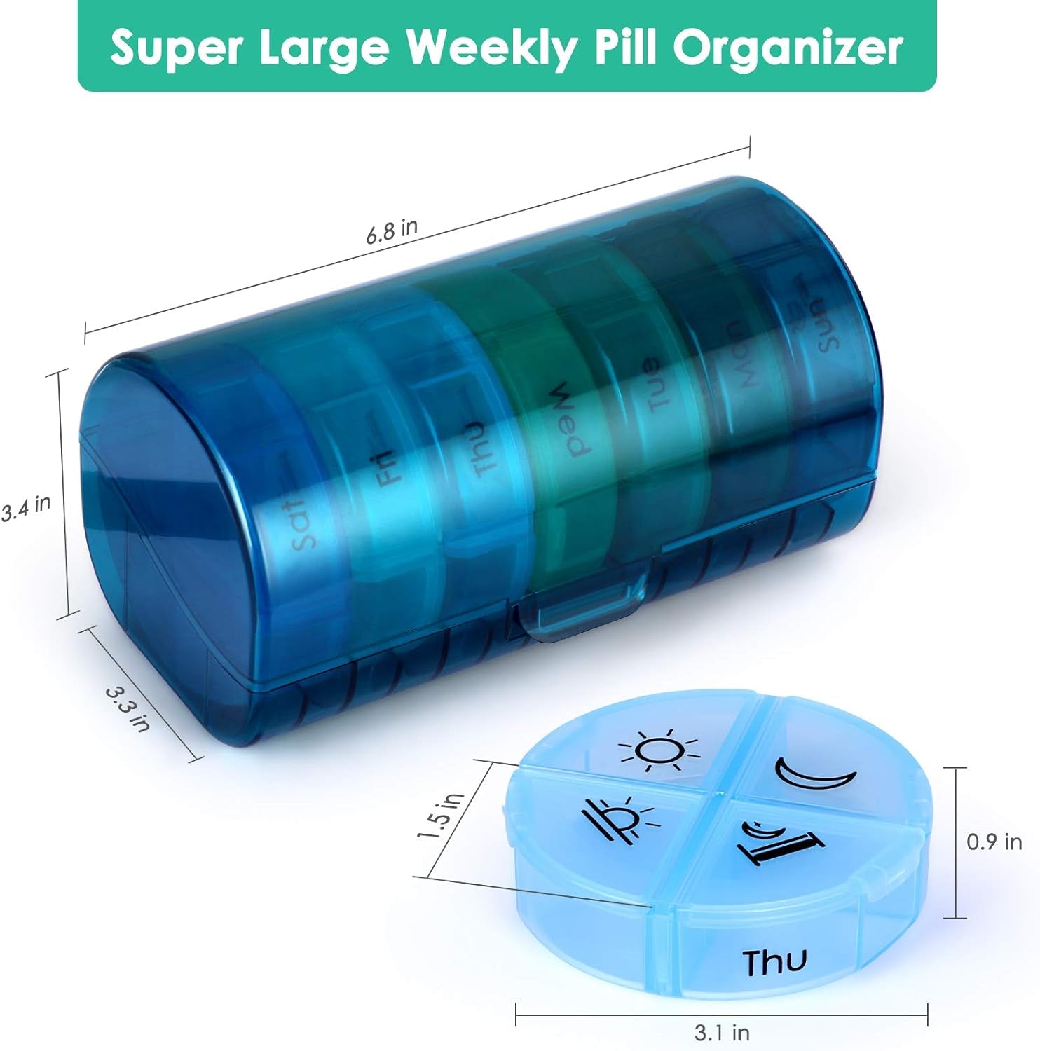 Super Large Weekly Pill Organizer 4 Times a Day, Pill Box with Outer Case, Pill Case for Travel,Weekly Pill Dispenser and Reminder(Emerald Green)