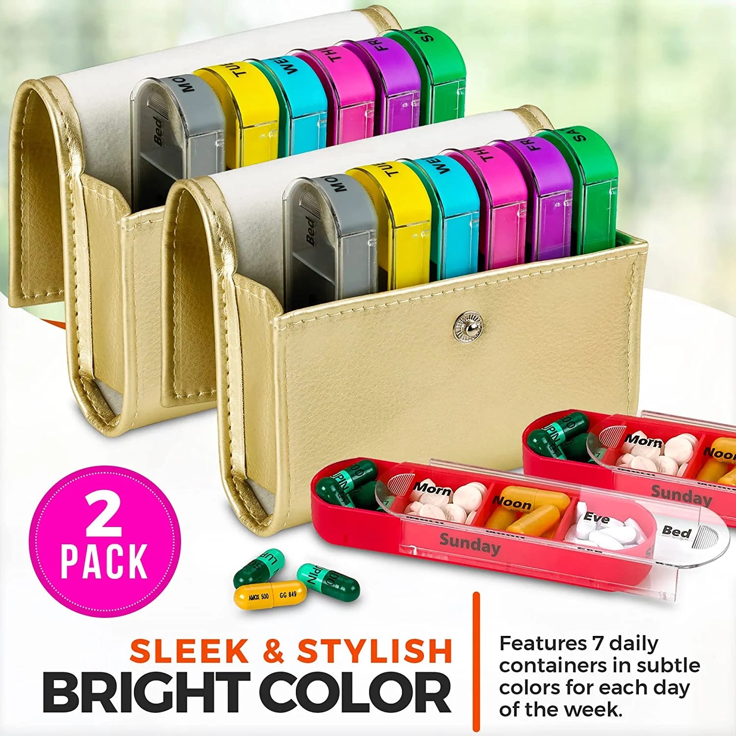 Weekly Pill Organizer Wallet - 2 Pack, Compact Travel Pill Case