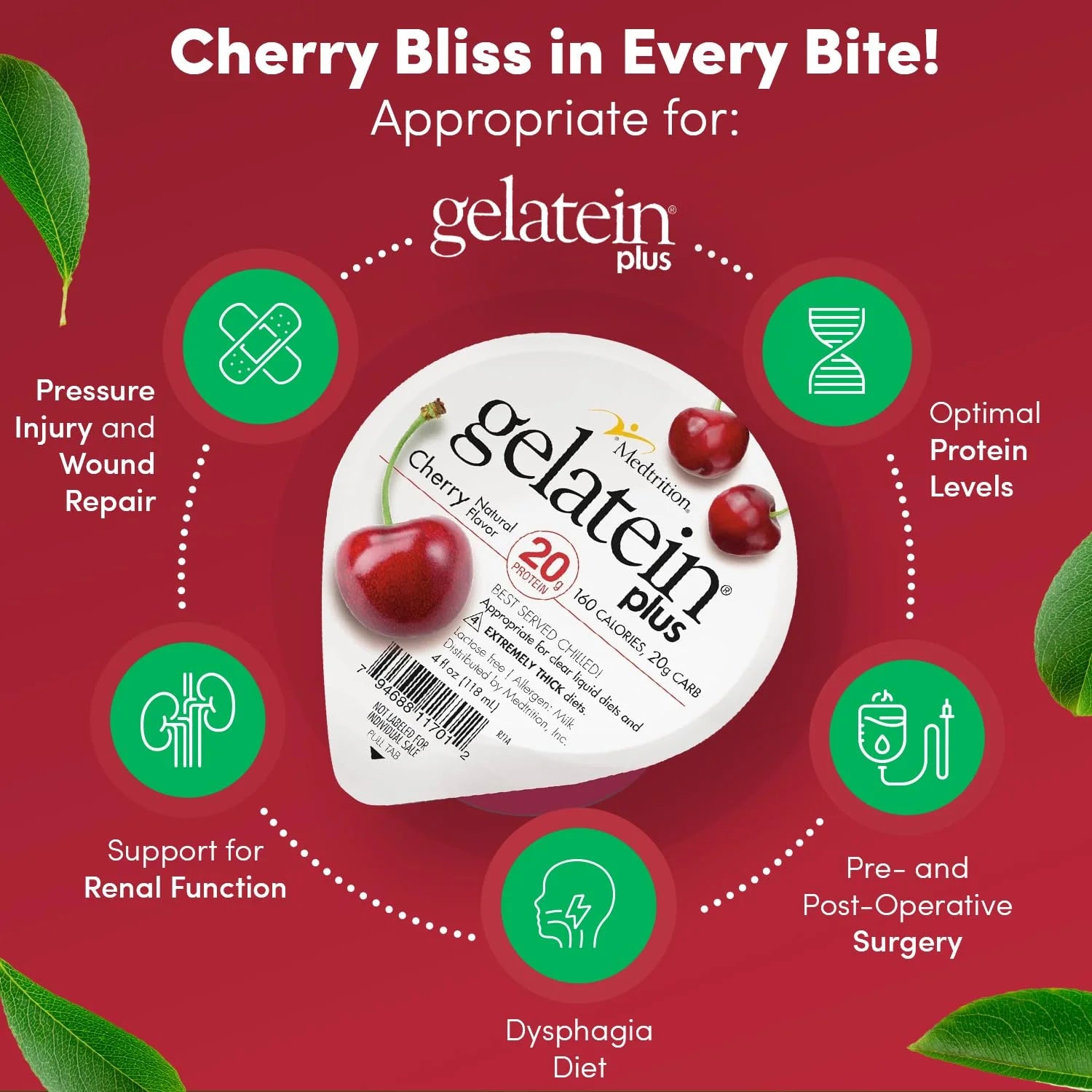 Gelatein plus Cherry: 20 Grams of Protein. Ideal for Clear Liquid Diets, Swallowing Difficulties, Dialysis and Oncology. Great Pre or Post-Workout Snack. (12 Pack)