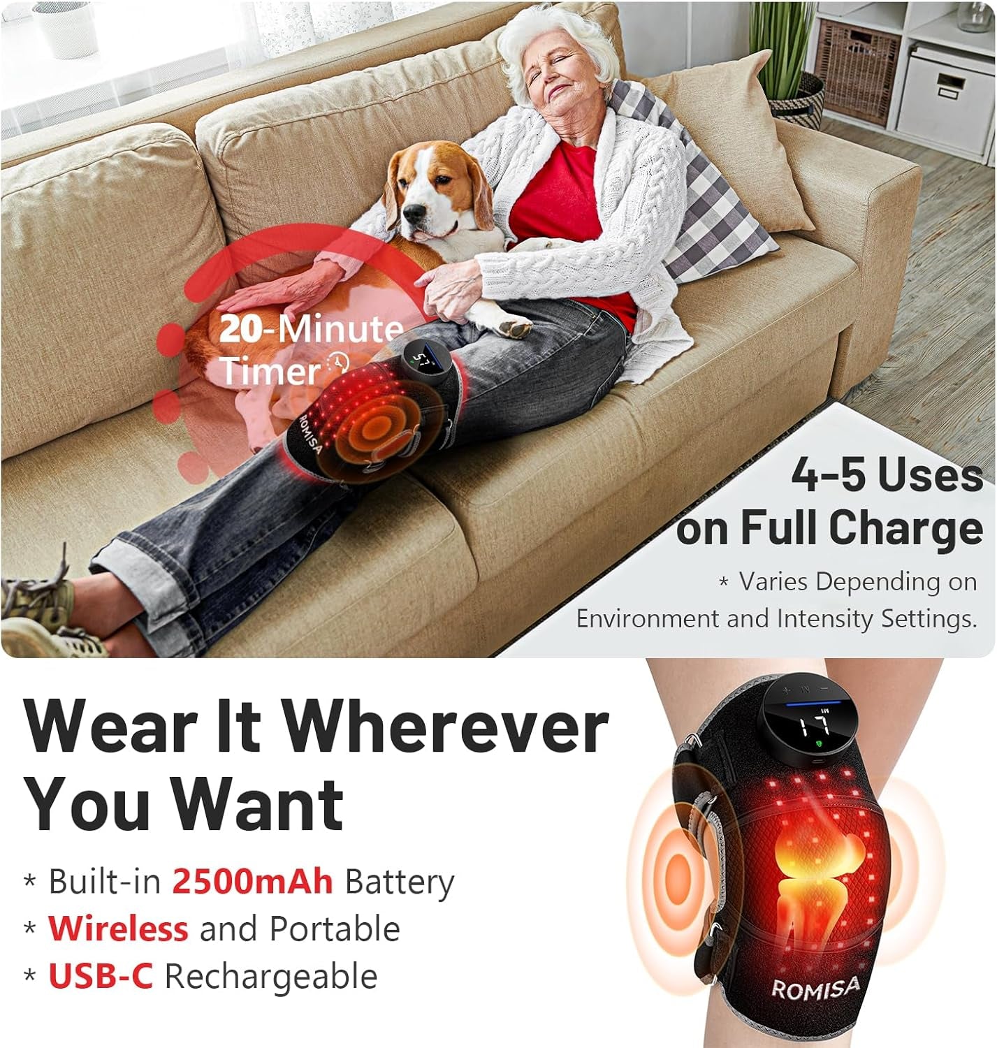 Red Light Therapy Knee Brace&Vibration Knee Massage for Pain Relief, 660Nm&850Nm Rechargeable near Infrared Light Therapy Device for Knee/Elbow/Shoulder Faster Recovery for Cordless Use
