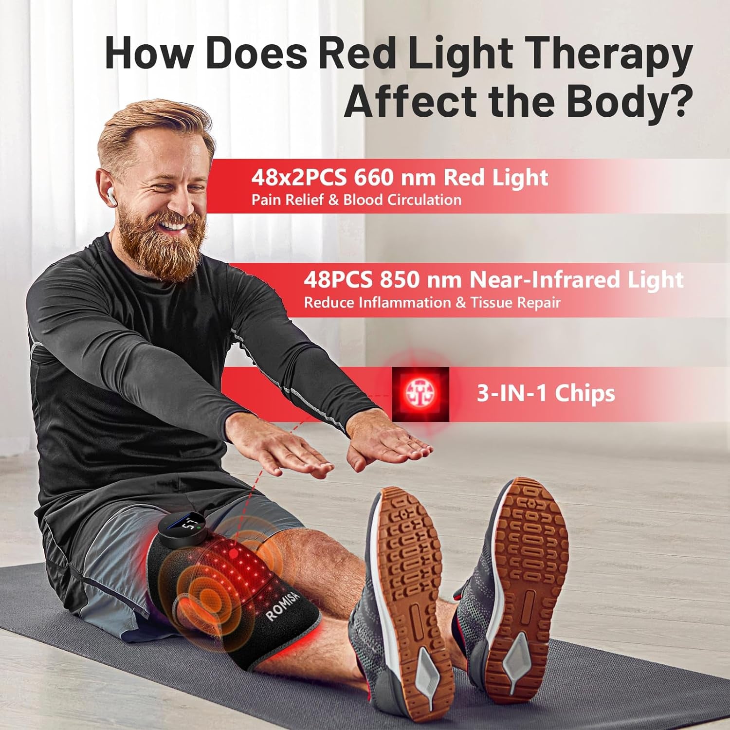 Red Light Therapy Knee Brace&Vibration Knee Massage for Pain Relief, 660Nm&850Nm Rechargeable near Infrared Light Therapy Device for Knee/Elbow/Shoulder Faster Recovery for Cordless Use