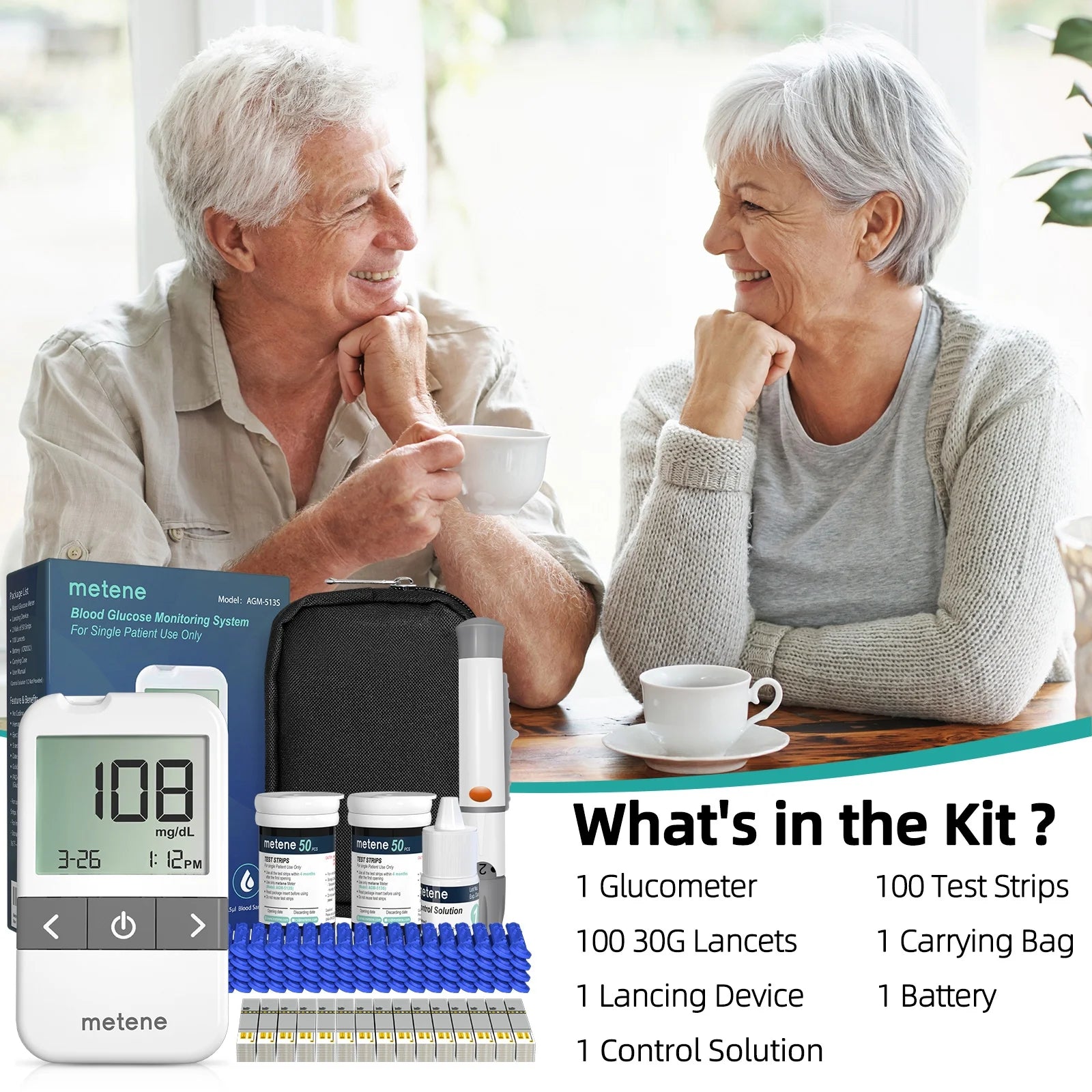 AGM-513S Blood Glucose Monitor Kit, 100 Glucometer Strips, 100 Lancets