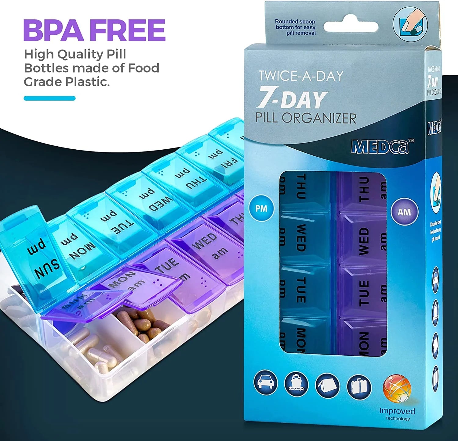 Weekly Pill Organizer, Twice-A-Day, 1 Pill Organizer, Plastic - Multicolor