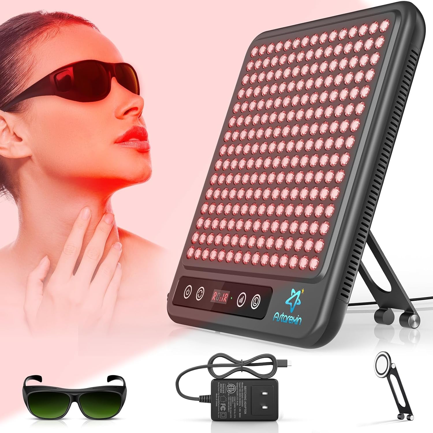 Red Light Therapy Face & Body Panel, 225 Dual Chip LED, 660Nm Red & 850Nm near Infrared Light, Portable with Stand & Timer