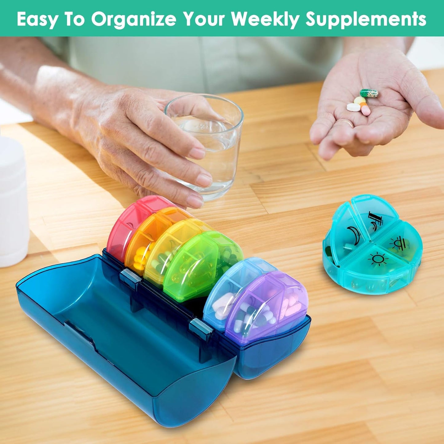 Super Large Weekly Pill Organizer 4 Times a Day, Pill Box with Outer Case, Pill Case for Travel,Weekly Pill Dispenser and Reminder(Emerald Green)