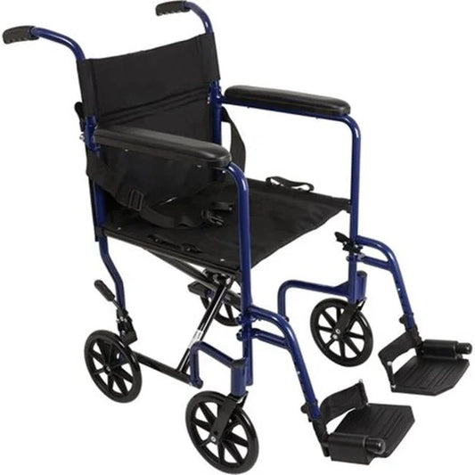 19" Aluminum Lightweight Transport Chair, Height Adjustable, Blue, 300 Lb Weight Capacity
